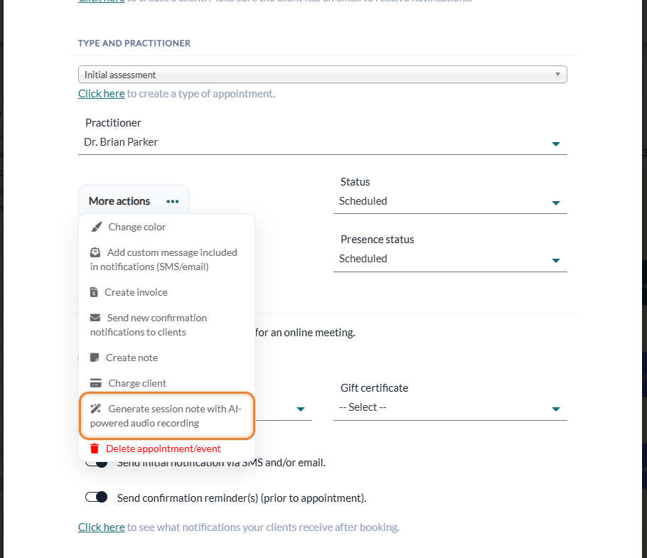 More actions menu of an appointment with the option Generate session note with AI-powered audio recording