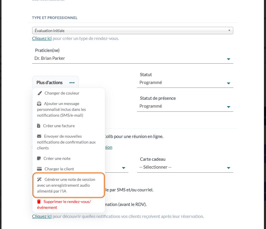 Menu Plus d'actions d'un rendez-vous avec l'option Générer une note de session avec un enregistrement audio alimenté par l'IA