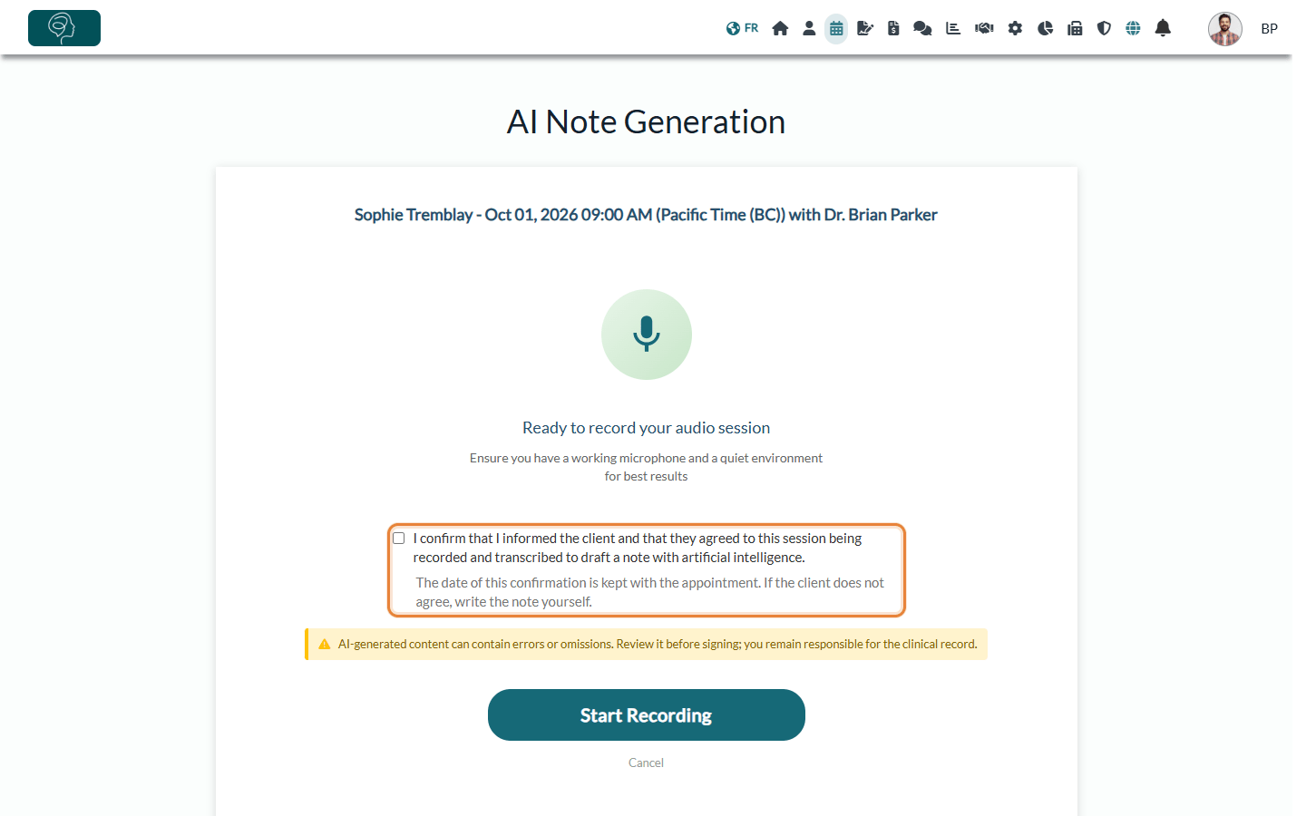 AI Note Generation page with the client agreement checkbox and the Start Recording button