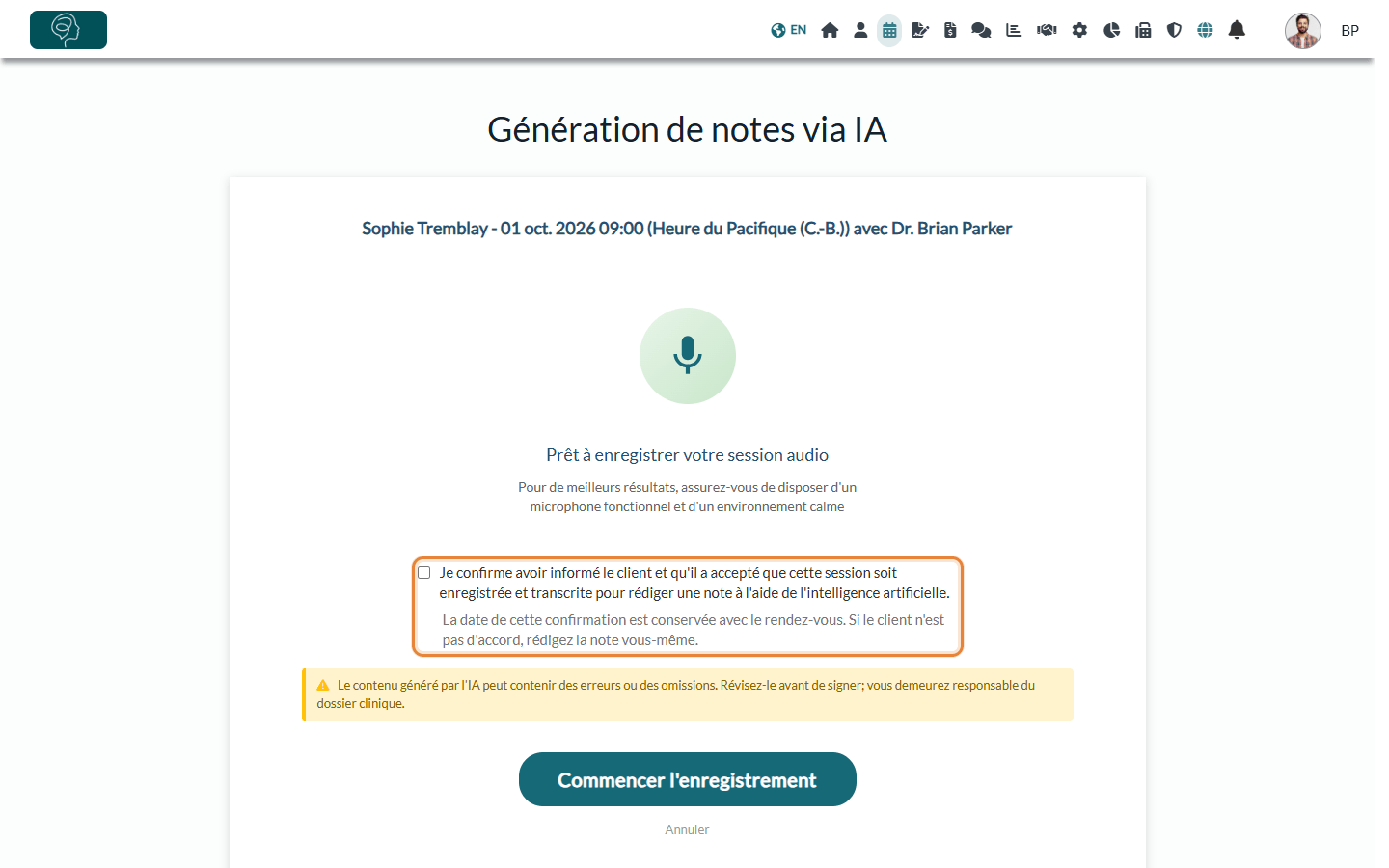 Page Génération de notes via IA avec la case de l'accord du client et le bouton Commencer l'enregistrement