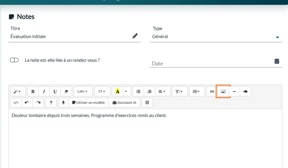 Bouton image dans la barre d'outils de l'éditeur de note