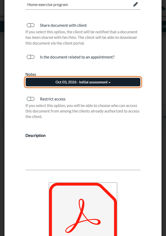 Create Document window: title, Notes list with the selected note, and the uploaded PDF file