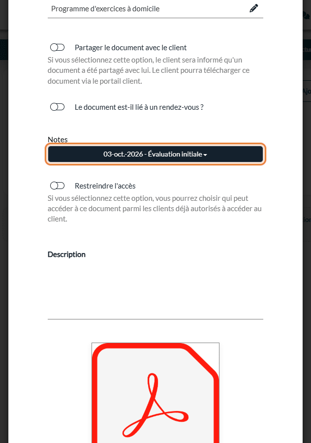 Fenêtre Créer un document : titre, liste Notes avec la note choisie et fichier PDF importé