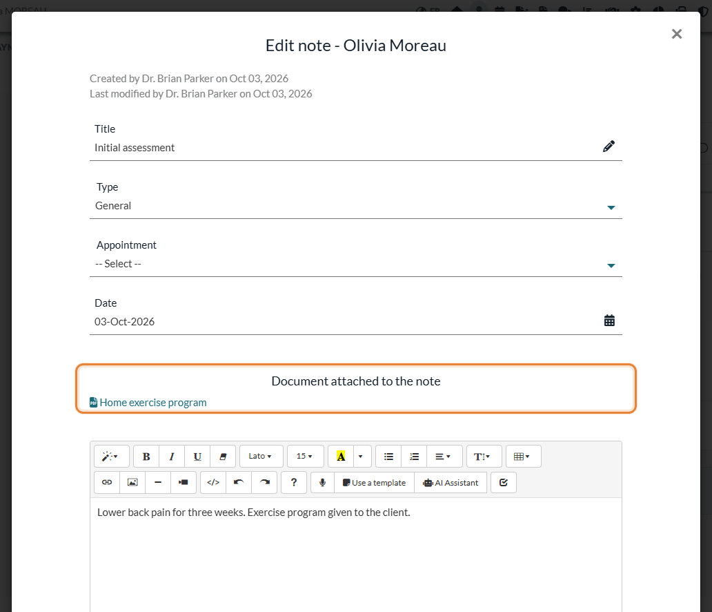 Edit note window with the Document attached to the note section