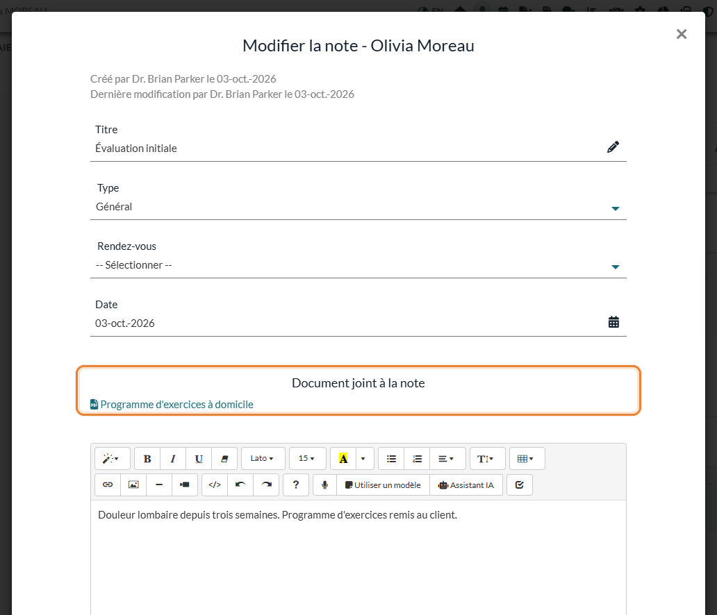 Fenêtre Modifier la note avec la section Document joint à la note