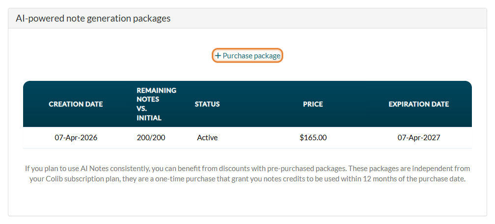 AI-powered note generation packages section in Settings > Notes, with the Purchase package button and the list of packages