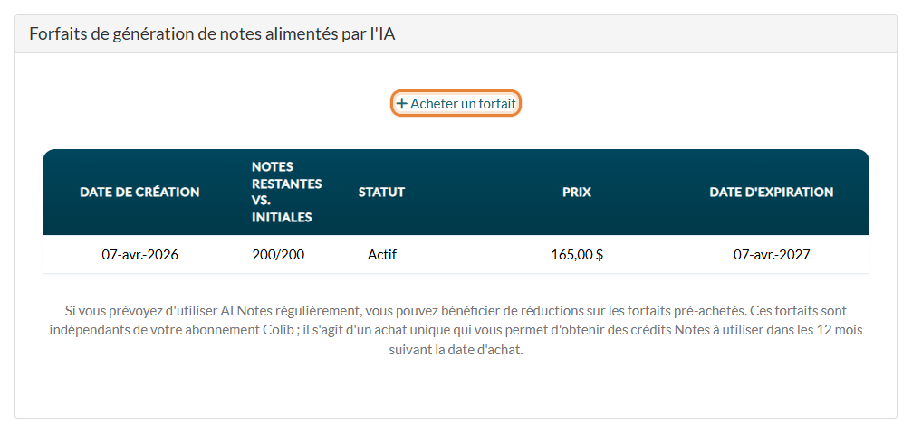 Section Forfaits de génération de notes alimentés par l'IA dans Réglages > Notes, avec le bouton Acheter un forfait et la liste des forfaits