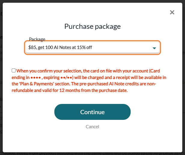Purchase package window with the package list, the terms checkbox and the Continue button
