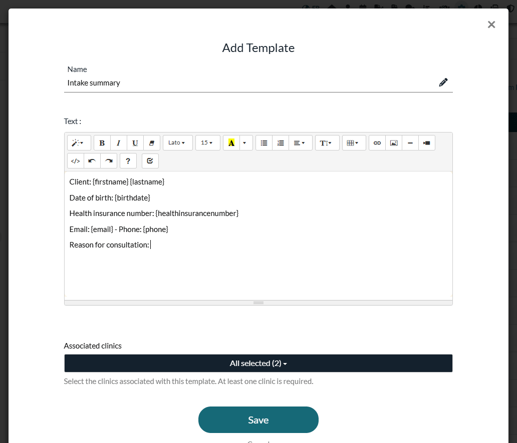 Add Template window with client data tags in the text of the template