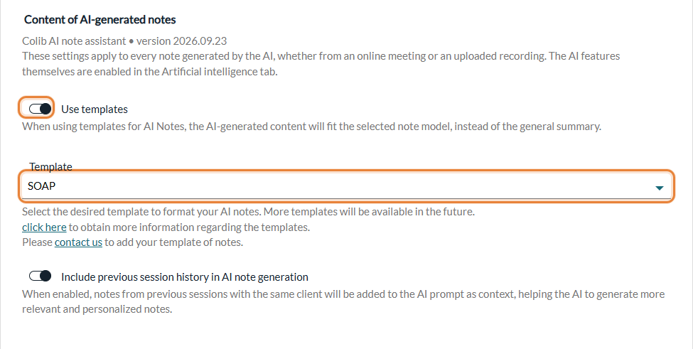 Use templates switch and Template list in Settings > Notes