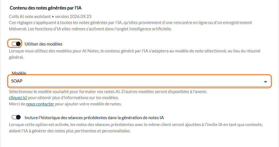 Interrupteur Utiliser des modèles et liste Modèle dans Réglages > Notes