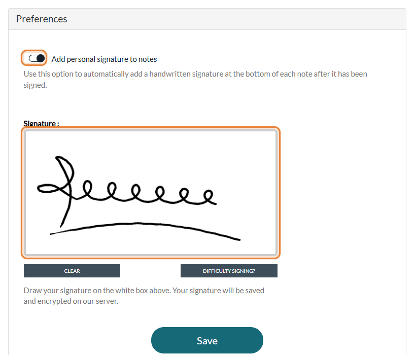 Signature settings with the Add personal signature to notes switch and a signature drawn in the white box