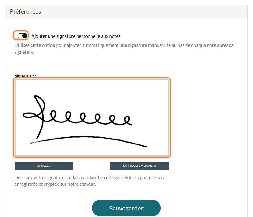Réglages de signature avec l'interrupteur Ajouter une signature personnelle aux notes et une signature dessinée dans la case blanche