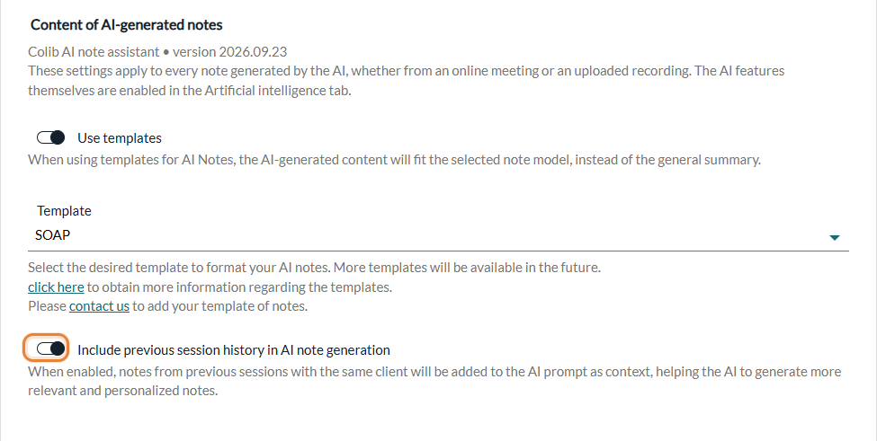 Include previous session history in AI note generation switch in Settings > Notes