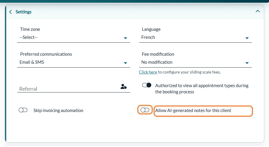 Allow AI-generated notes for this client switch, turned off, in the Settings section of the Profile tab
