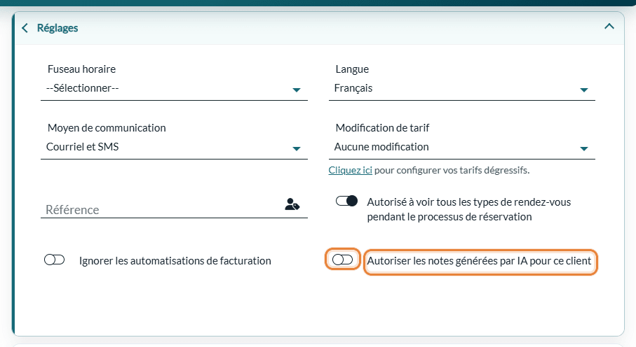 Interrupteur Autoriser les notes générées par IA pour ce client, désactivé, dans la section Réglages de l'onglet Profil