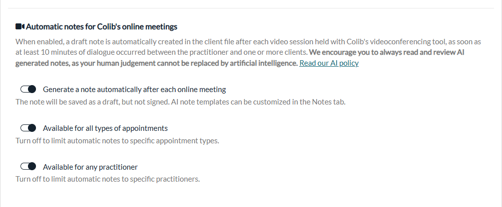 Automatic notes for Colib's online meetings section in Settings > AI