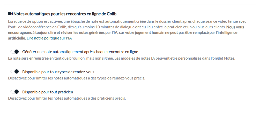 Section Notes automatiques pour les rencontres en ligne de Colib dans Réglages > IA