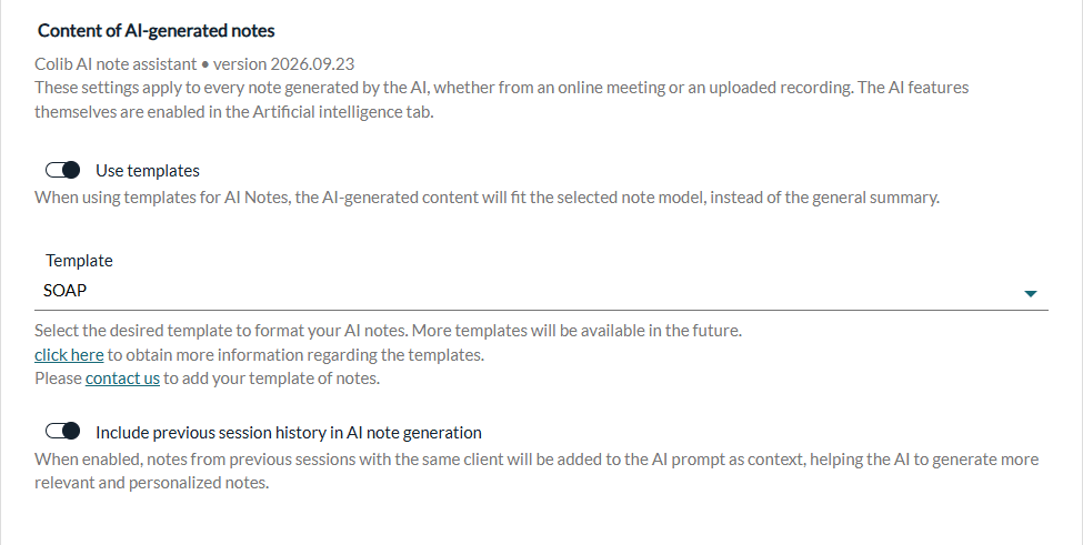Content of AI-generated notes: Use templates, Template and session history options