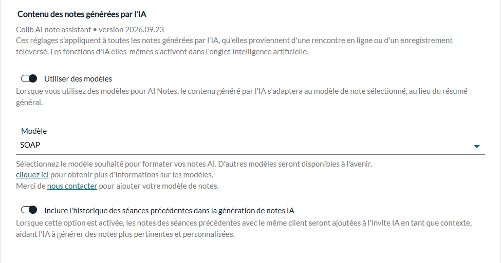 Contenu des notes générées par l'IA : options Utiliser des modèles, Modèle et historique des séances