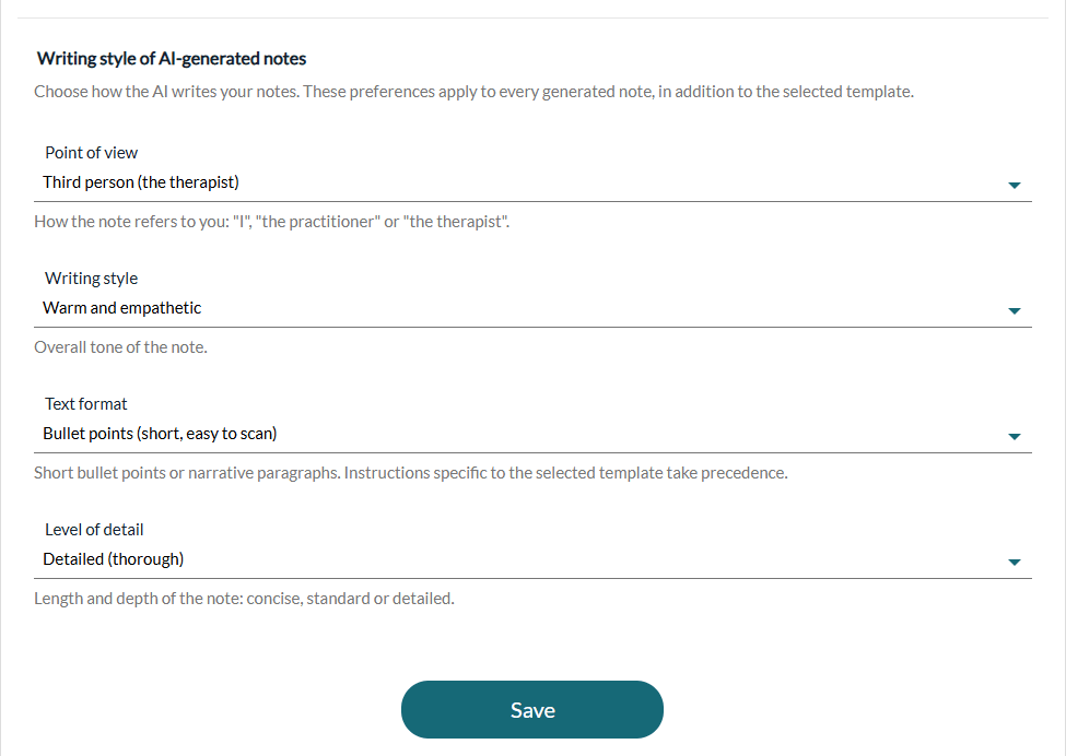 Writing style of AI-generated notes: point of view, writing style, text format and level of detail
