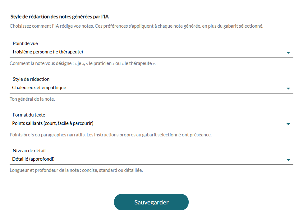 Style de rédaction des notes générées par l'IA : point de vue, style, format du texte et niveau de détail