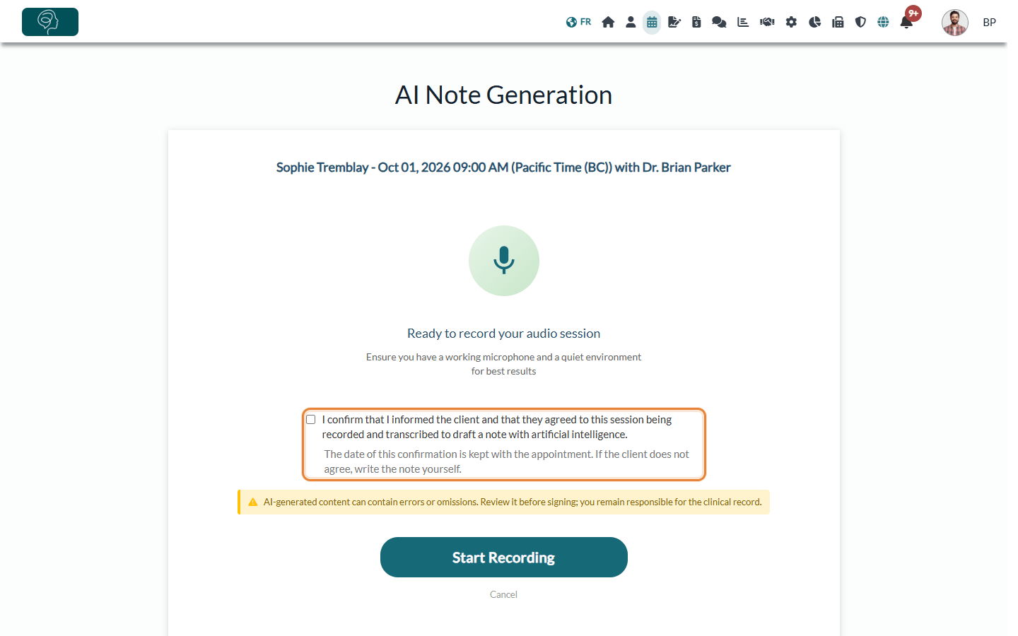 AI Note Generation page with the practitioner's attestation box above the Start Recording button