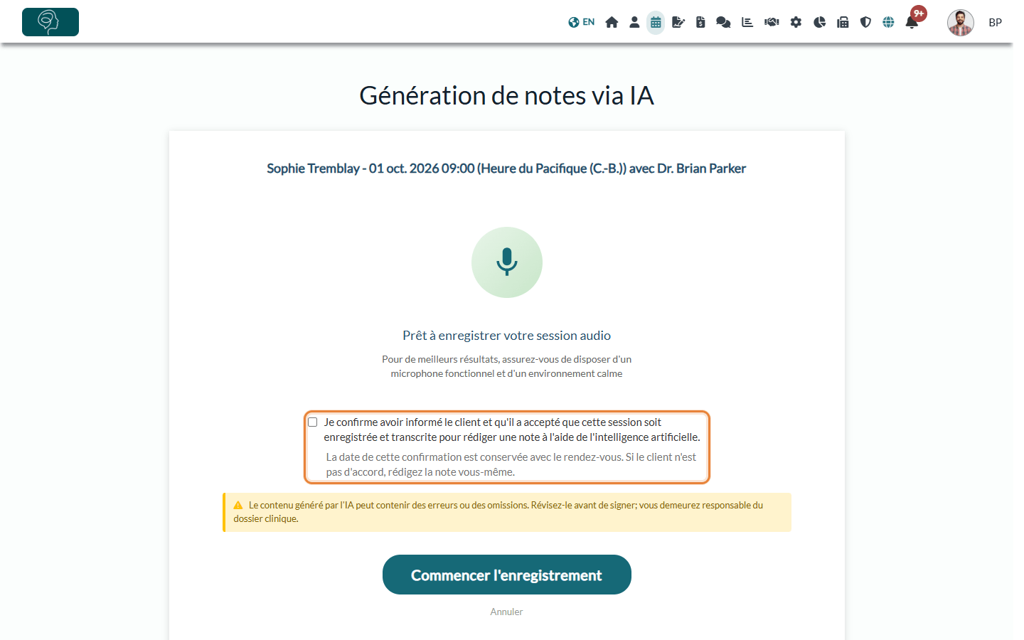 Page Génération de notes via IA avec la case d'attestation du praticien au-dessus du bouton Commencer l'enregistrement