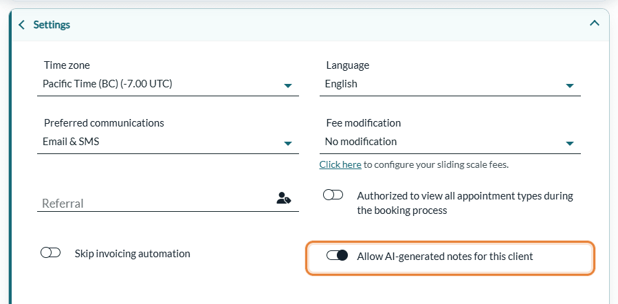 Allow AI-generated notes for this client switch in the Settings section of the client's Profile tab