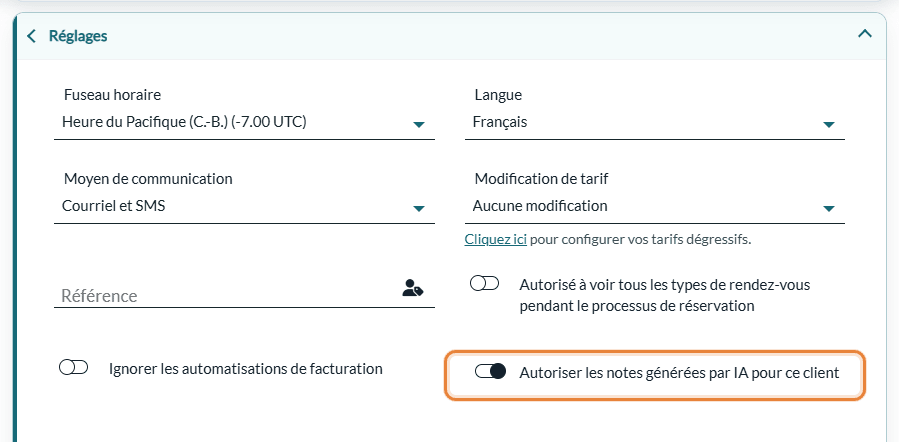 Interrupteur Autoriser les notes générées par IA pour ce client dans la section Réglages de l'onglet Profil du client