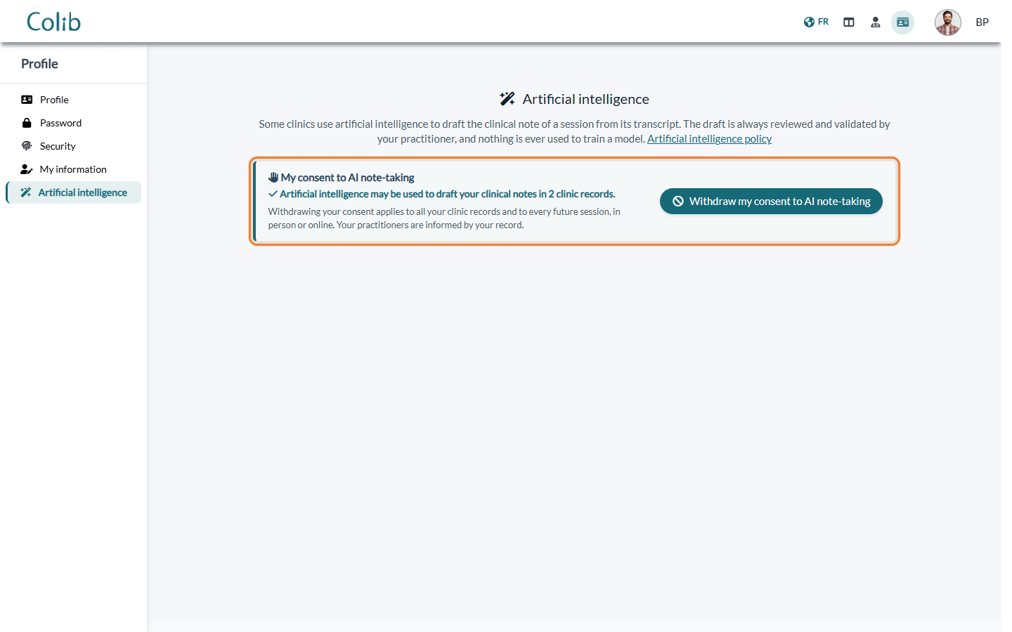 Artificial intelligence tab of the client portal with the Withdraw my consent to AI note-taking button