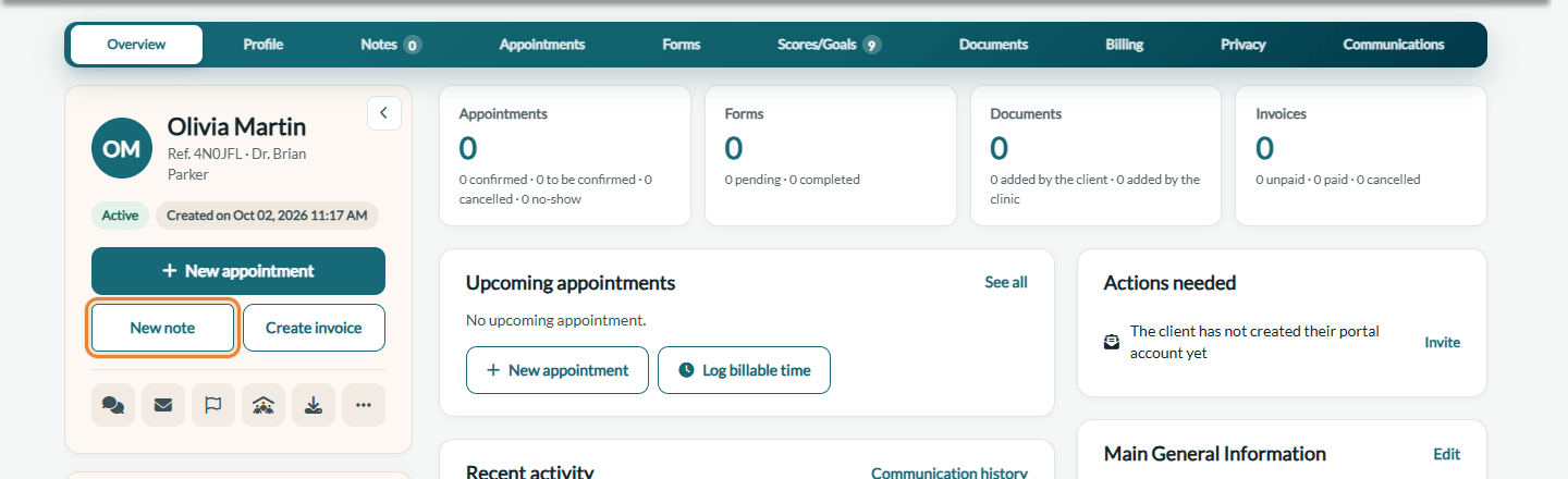 New note button in the client record