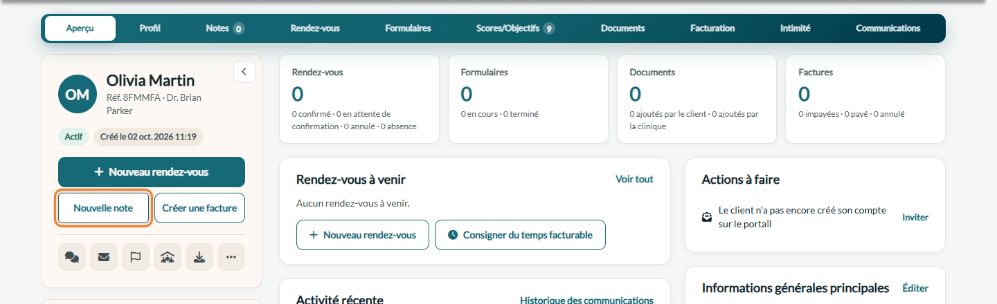 Bouton Nouvelle note dans le dossier client
