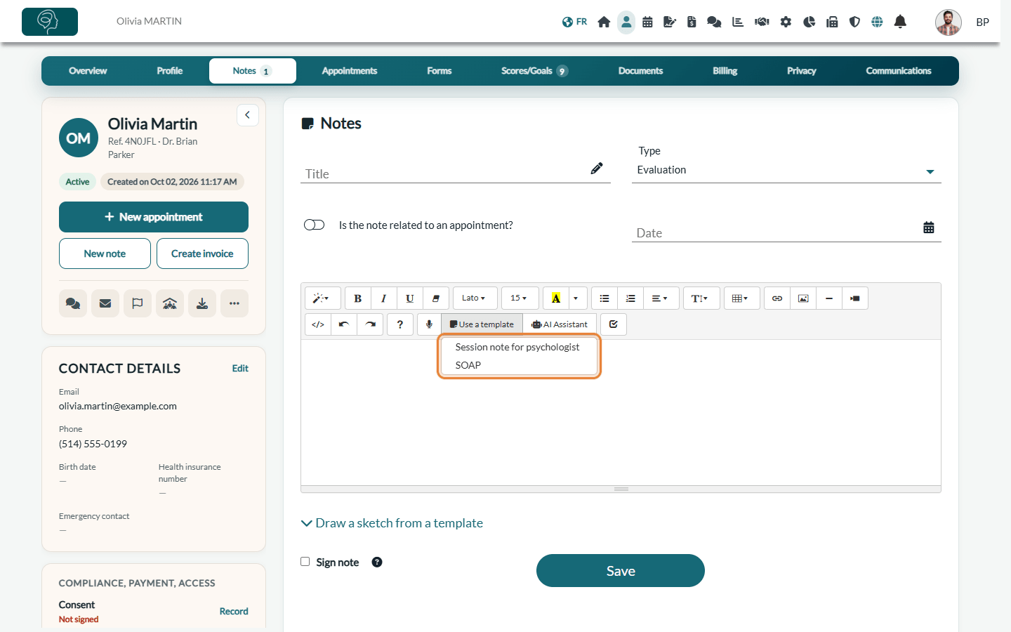 Use a template menu in the note editor