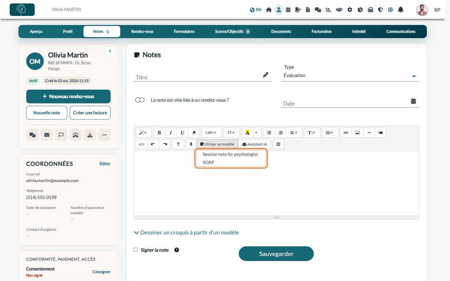 Menu Utiliser un modèle dans l'éditeur de note