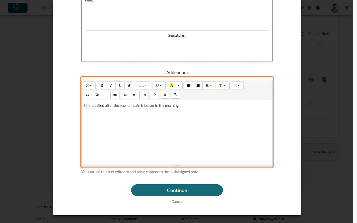 Addendum editor under a signed note