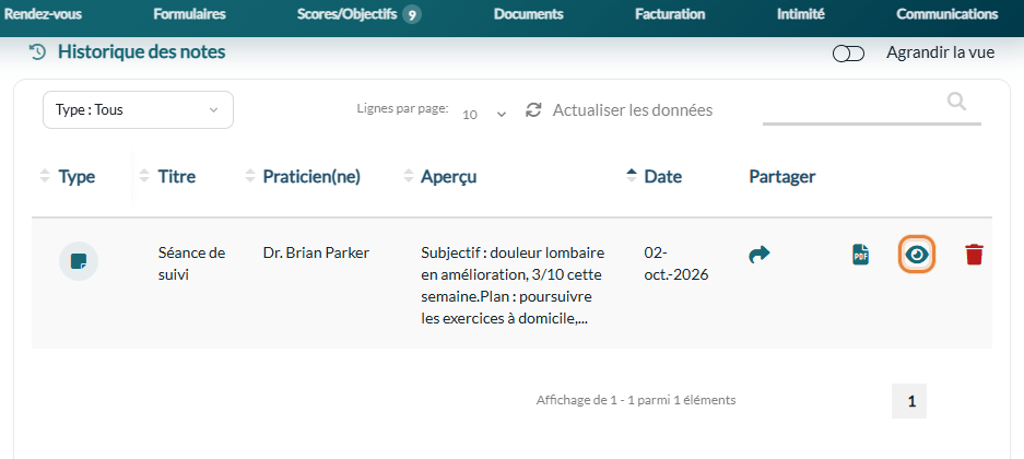 Icône d'œil d'une note signée dans l'Historique des notes