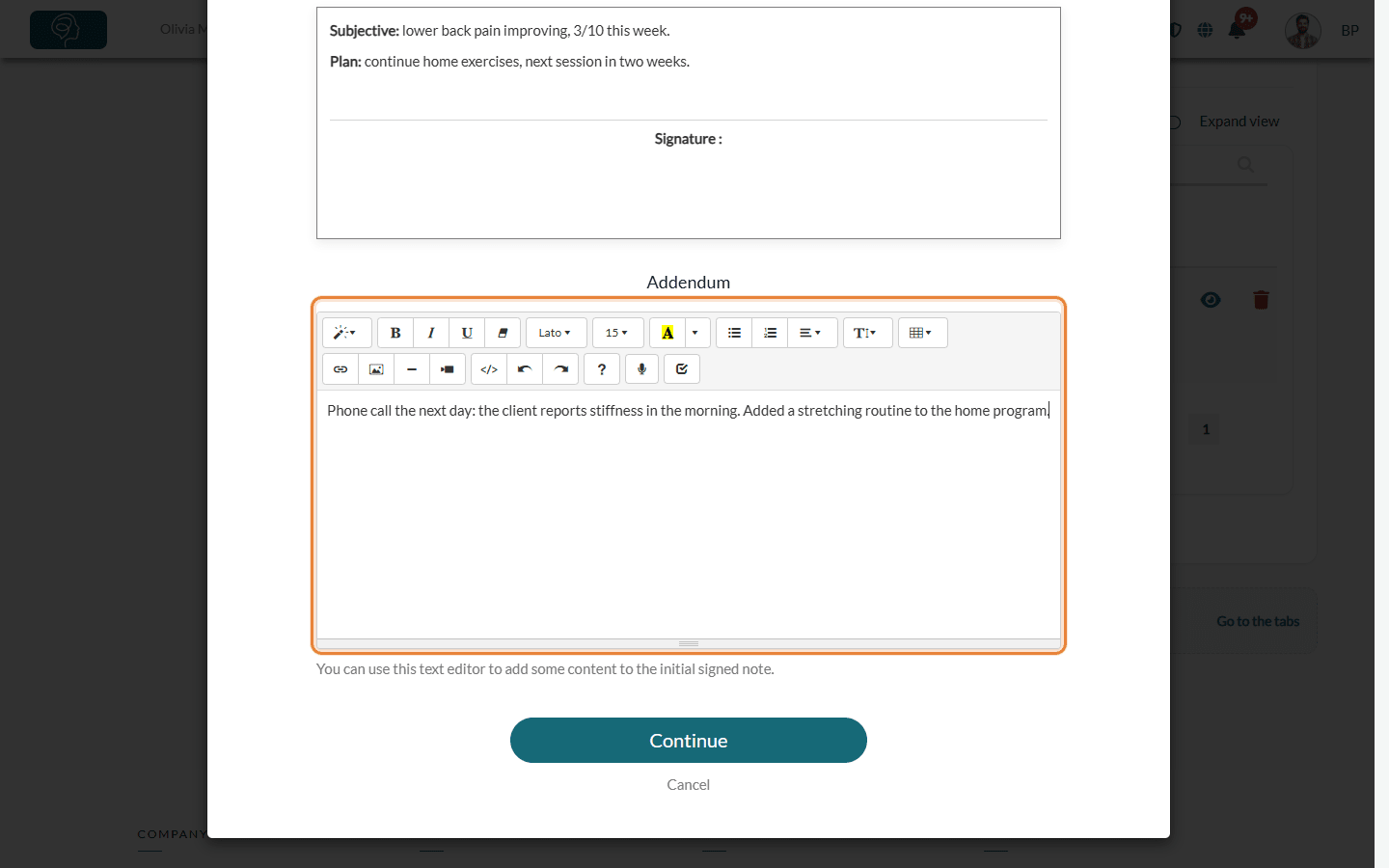Addendum section of the View note window, with the Continue button