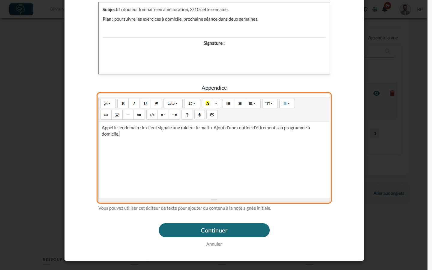 Section Appendice de la fenêtre Voir la note, avec le bouton Continuer