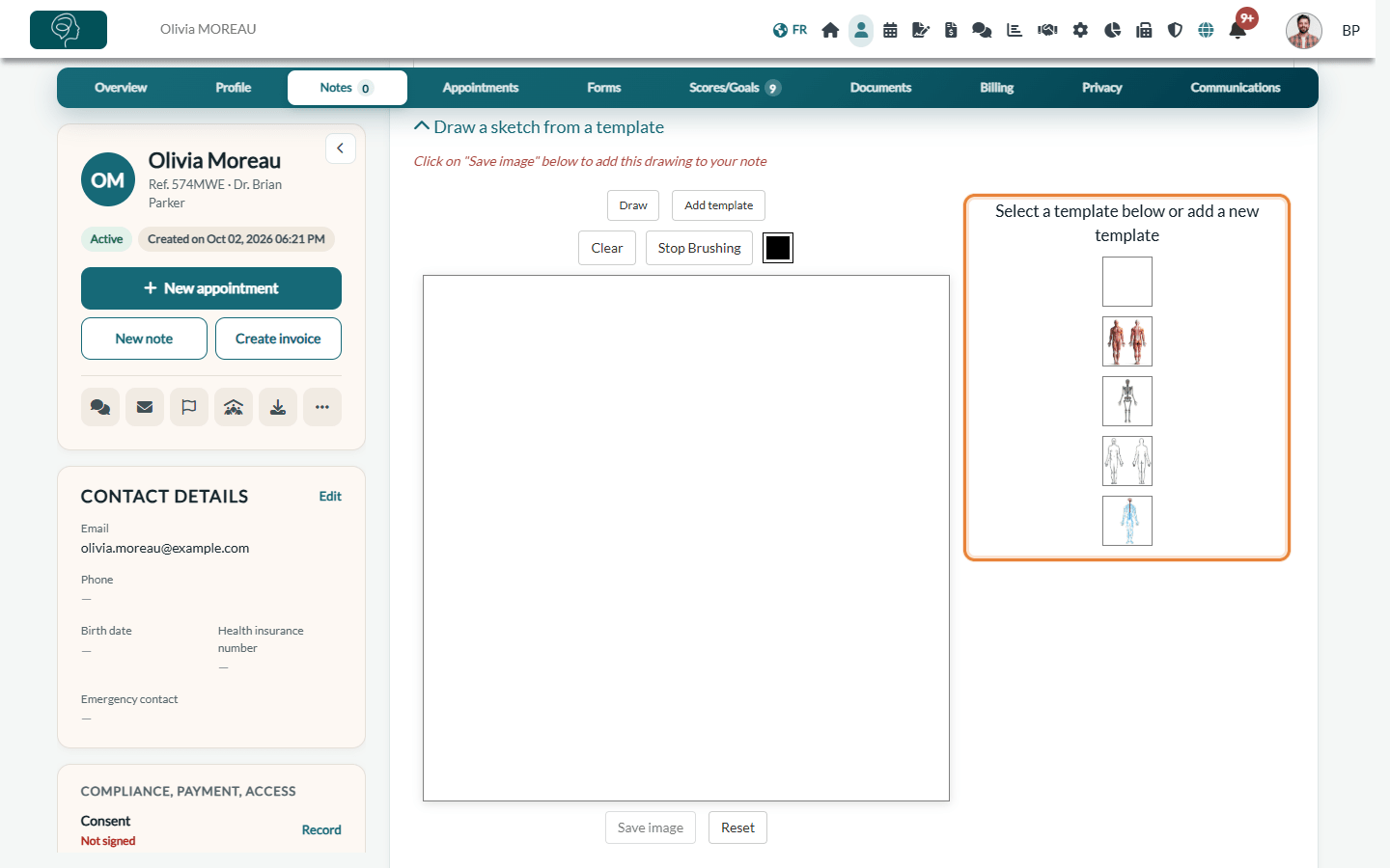 Draw a sketch from a template section under the note editor, with the templates on the right