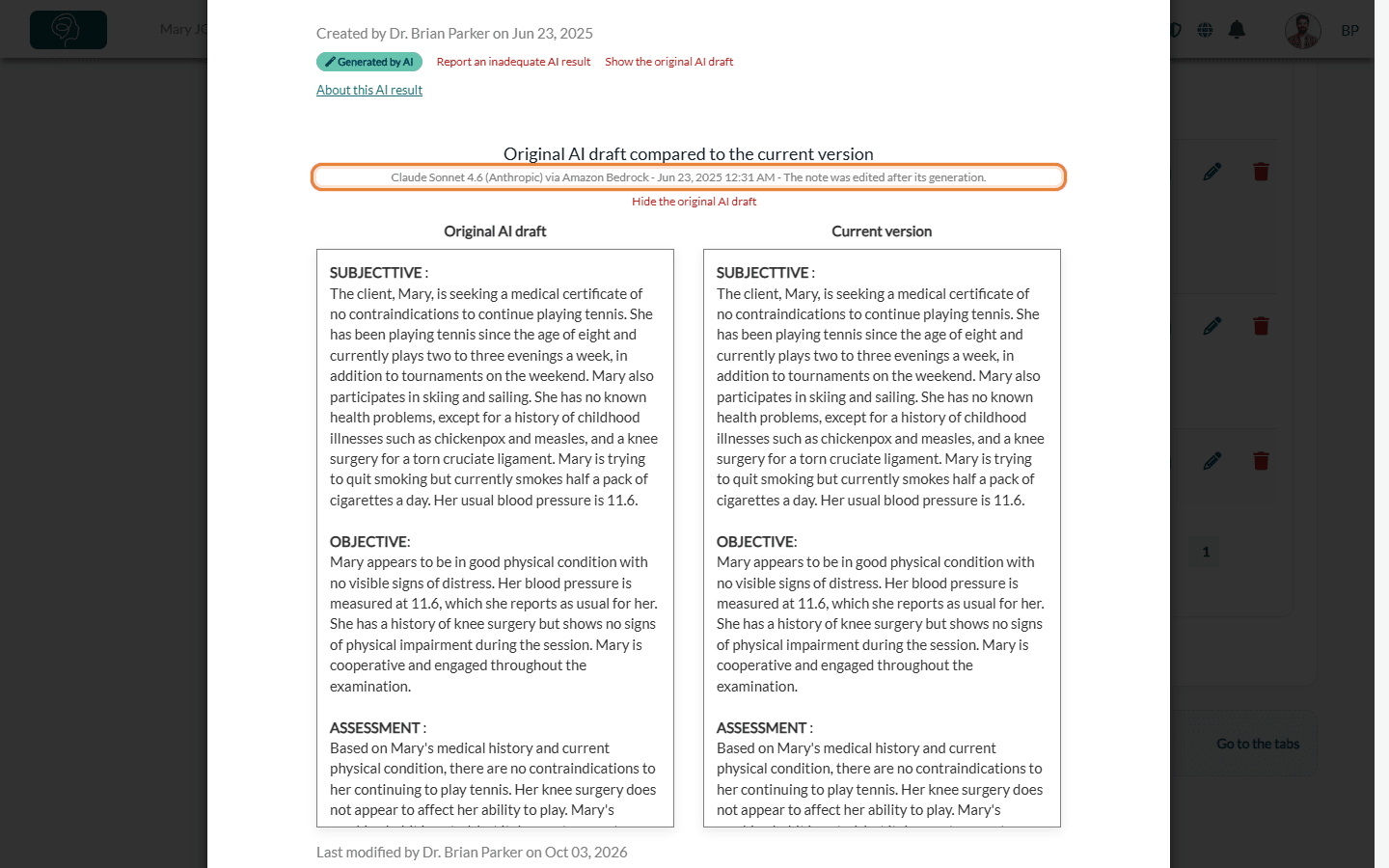 Original AI draft and current version side by side, with the note edited after its generation