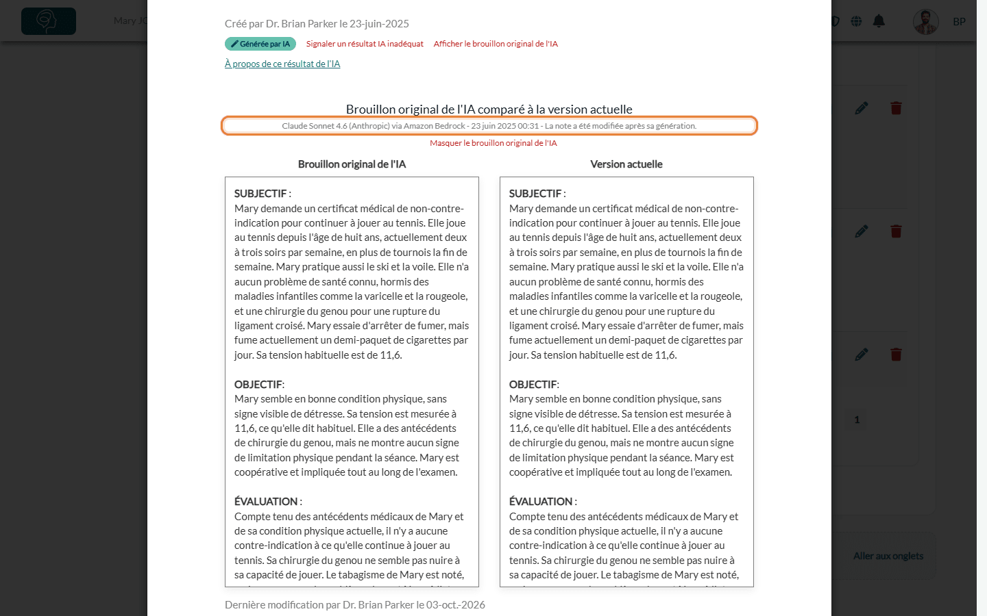 Brouillon original de l'IA et version actuelle côte à côte, note modifiée après sa génération