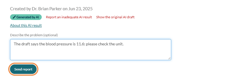 Describe the problem field and Send report button