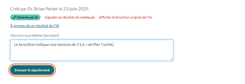 Champ Décrivez le problème et bouton Envoyer le signalement