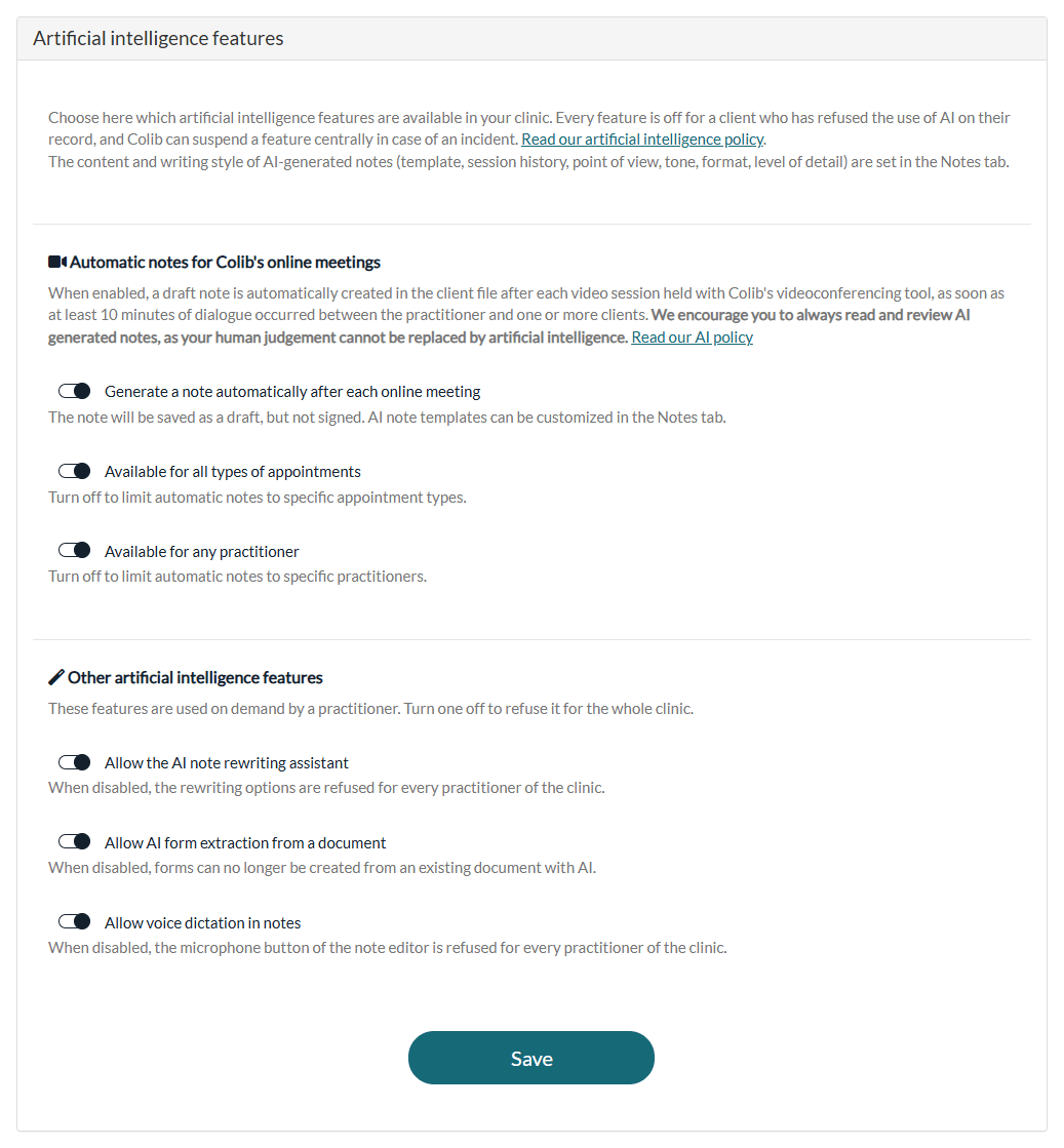 Artificial intelligence features section in Settings > AI