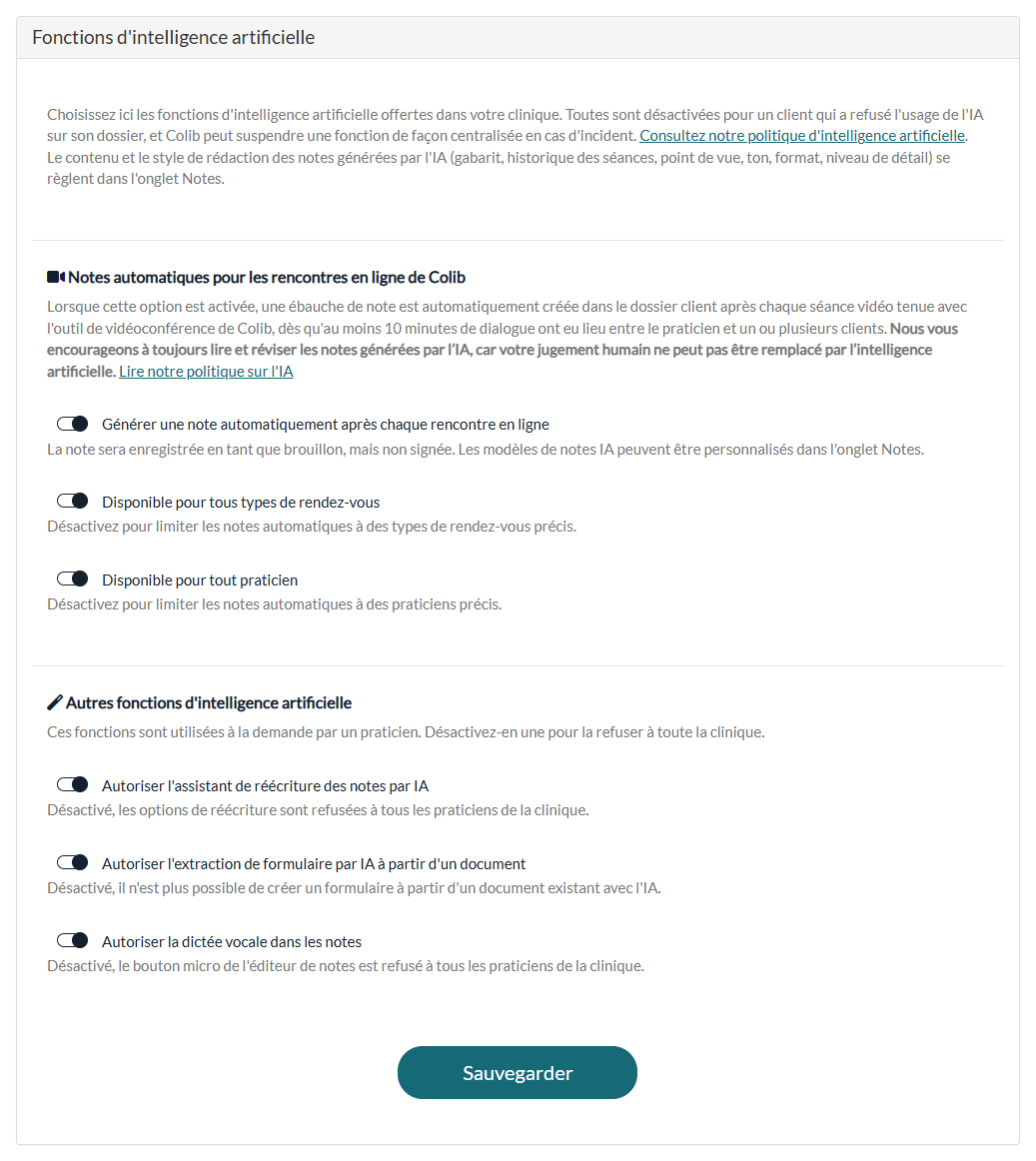 Section Fonctions d'intelligence artificielle dans Réglages > IA