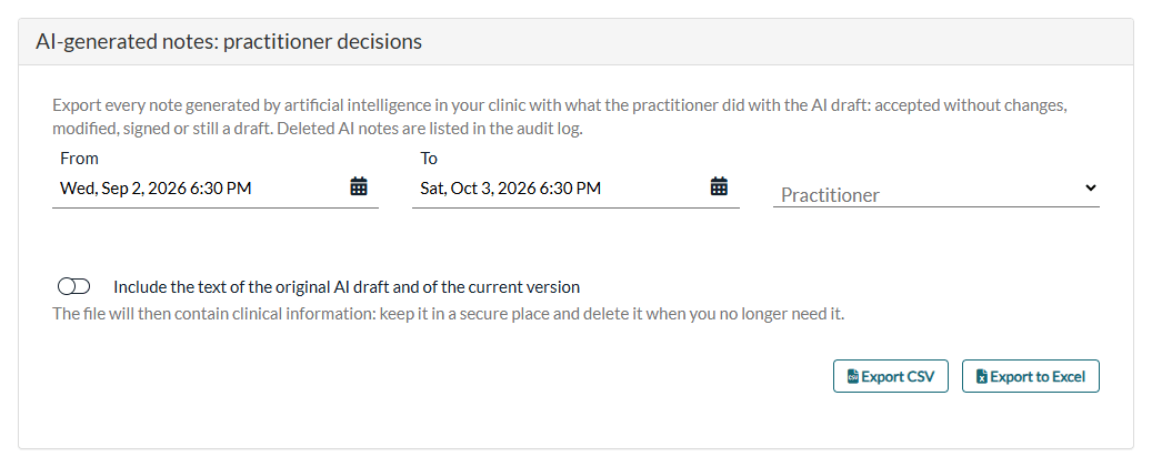 AI-generated notes: practitioner decisions section with the export buttons