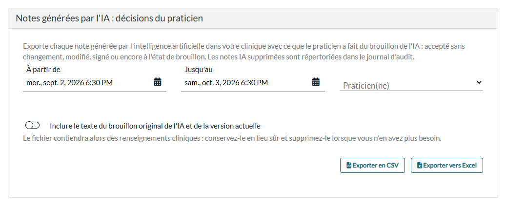 Section Notes générées par l'IA : décisions du praticien avec les boutons d'exportation