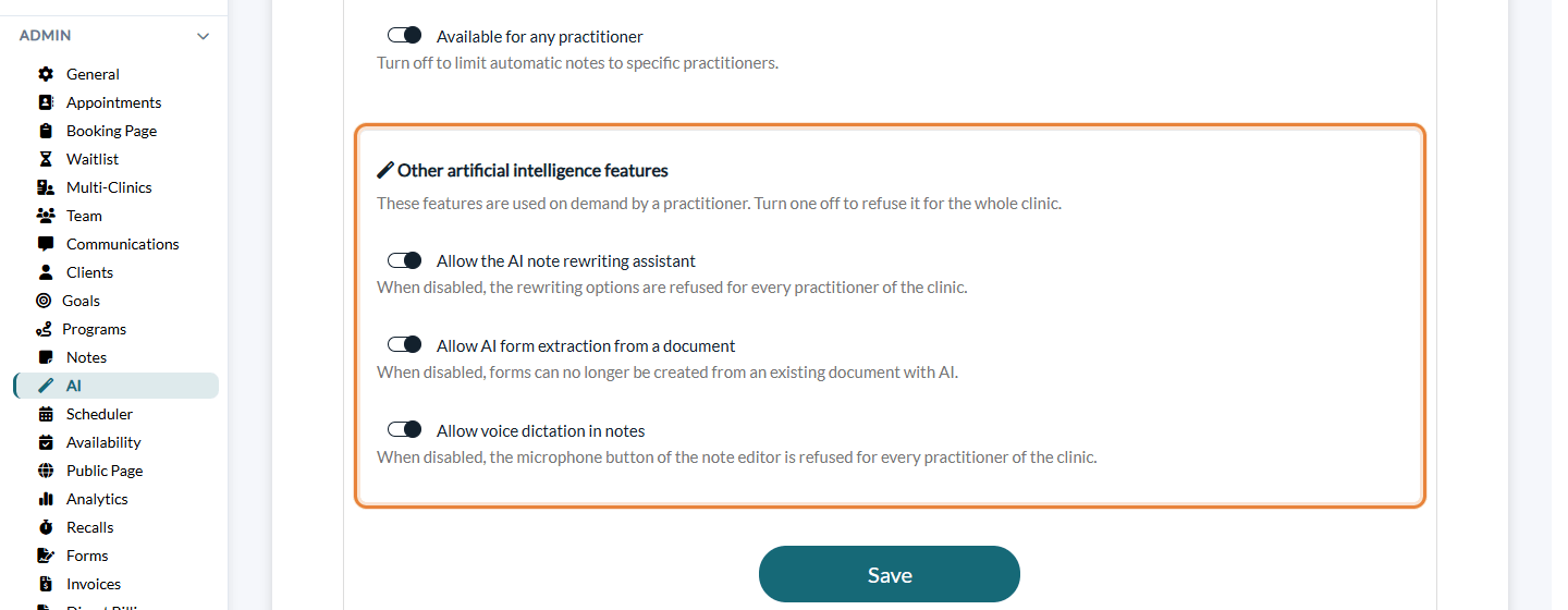 Allow the AI note rewriting assistant option in Settings > AI