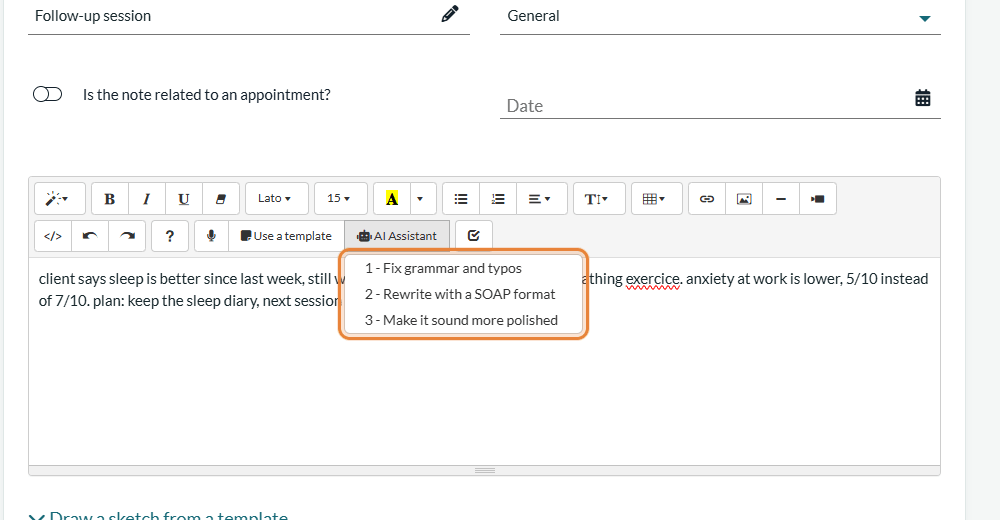 AI Assistant menu of the note editor with its three options